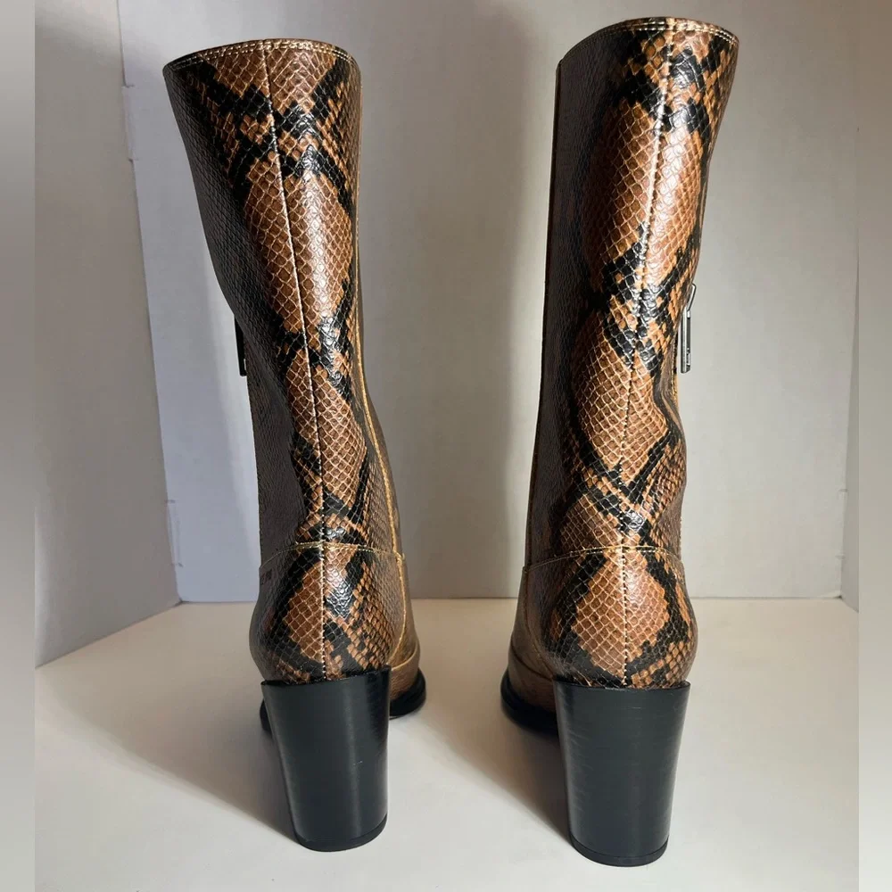 Women’s Handmade Franco Sarto Tan Black Snake-Print Ankle Calf Boots New In Box - Picture 4 of 9